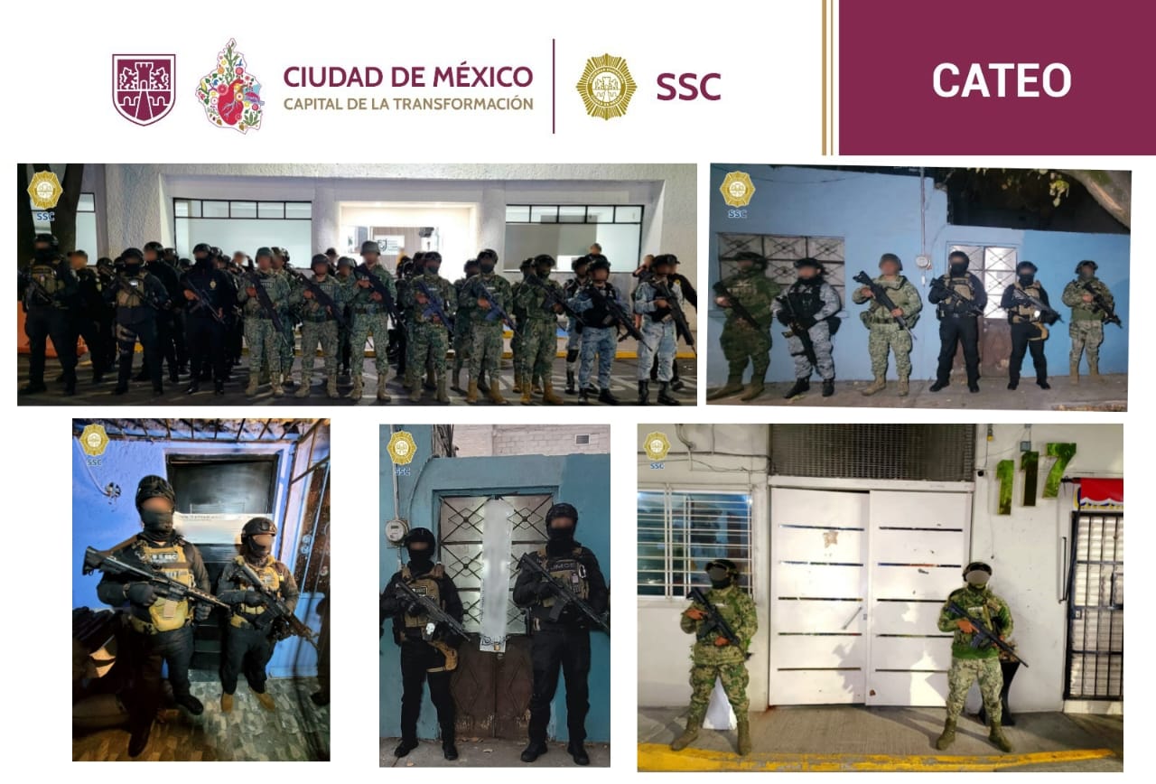 Son capturadas siete personas y es asegurada droga en la Ciudad de México, en un golpe que dan corporaciones de seguridad al crimen organizado durante cinco cateos simultáneos. Los detenidos son investigados porque posiblemente estén relacionados con un grupo delictivo dedicado a la venta y distribución de narcóticos en la zona centro de la capital del país. Por el momento se les respeta la presunción de inocencia hasta que un juez determine su situación jurídica. En acciones coordinadas personal de la Secretaría de Seguridad Ciudadana (SSC) y de la Fiscalía General de Justicia, ambas de la Ciudad de México, con apoyo de elementos de las secretarías de la Defensa Nacional (Defensa), de Marina Armada de México (SEMAR) y Guardia Nacional (GN), cumplimentaron cinco órdenes de cateo en inmuebles de las alcaldías Cuauhtémoc, Gustavo A. Madero, Azcapotzalco e Iztapalapa, donde detuvieron a siete personas y aseguraron más de mil 634 dosis de posibles narcóticos, 130 kilogramos de aparente marihuana, entre otros objetos; además una persona que trató de impedir la labor policial, fue asegurado. En el primer inmueble ubicado en la calle Jesús Carranza, de la colonia Morelos, en la alcaldía Cuauhtémoc, los oficiales aseguraron 97 dosis de posible metanfetamina, 500 gramos de la misma sustancia, 126 dosis de aparente cocaína, 150 gramos del mismo narcótico, 157 dosis de lo que pudiera ser marihuana, un kilogramo de la misma hierba a granel, dos básculas grameras y un cuaderno. La segunda y la tercera orden de cateo, se realizaron en un edificio de departamentos ubicado en la calle Teresa, de la colonia Tepalcates, en la Iztapalapa; en la primera vivienda detuvieron a un hombre de 20 años de edad y aseguraron 128 dosis de aparente metanfetamina, 98 dosis de posible cocaína, 265 dosis de probable marihuana y 520 gramos del mismo vegetal a granel. Mientras que, en el segundo departamento, los uniformados detuvieron a una mujer de 41 años de edad y a un menor de 16 años, además aseguraron 167 dosis de aparente marihuana, 300 gramos de la misma hierba a granel y dos teléfonos celulares. Otro de los cateos fue en la calle Bermudas, de la colonia Cosmopolita, en la alcaldía Azcapotzalco, donde detuvieron a un hombre de 55 años y a una mujer de 57 años de edad y aseguraron 129 kilogramos de aparente marihuana a granel, 172 dosis del mismo vegetal y 197 dosis de posible cocaína. El último de los cateos fue en la calle Borodin, de la colonia Vallejo, en la alcaldía Gustavo A. Madero, donde detuvieron a una mujer de 37 años de edad y aseguraron 68 dosis de posible cocaína, 159 dosis de aparente marihuana y 800 gramos de la misma hierba a granel. Además, un hombre de 37 años que trató de evitar la labor policial y la detención de la persona, fue asegurado para presentarlo ante la autoridad ministerial.