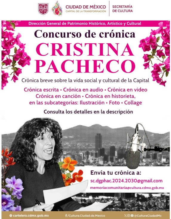 Invita Secretaría de Cultura capitalina a participar en el Primer Concurso de Crónica Breve “Cristina Pacheco”.