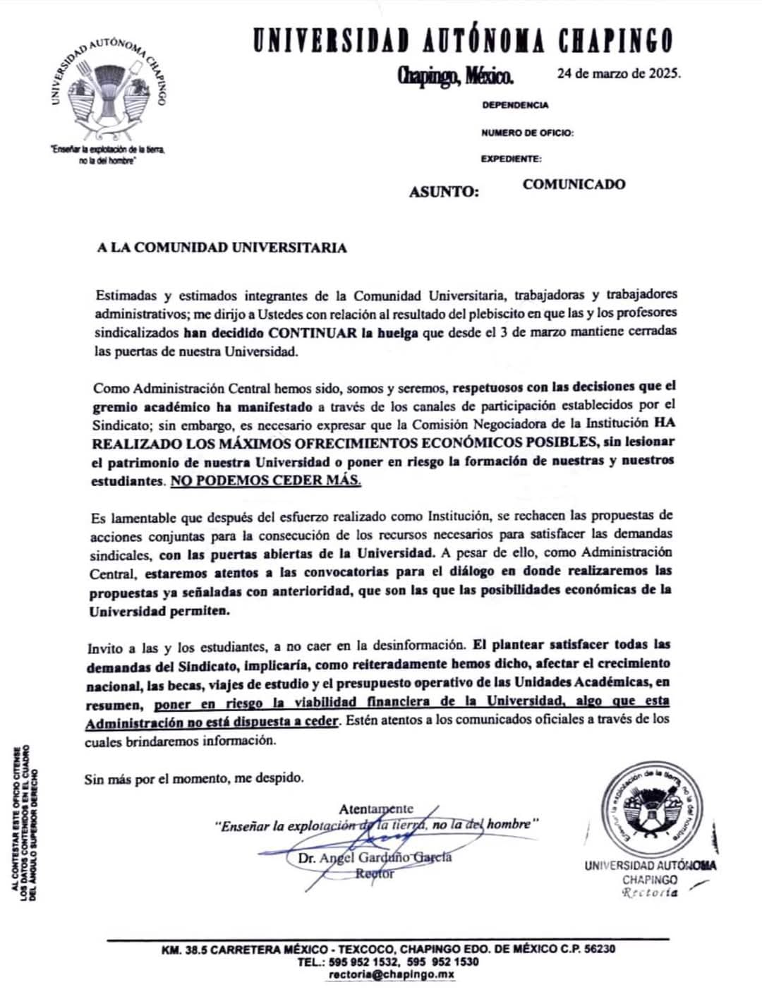 Huelga que desde el 3 de marzo en la Universidad Autónoma de Chapingo.
