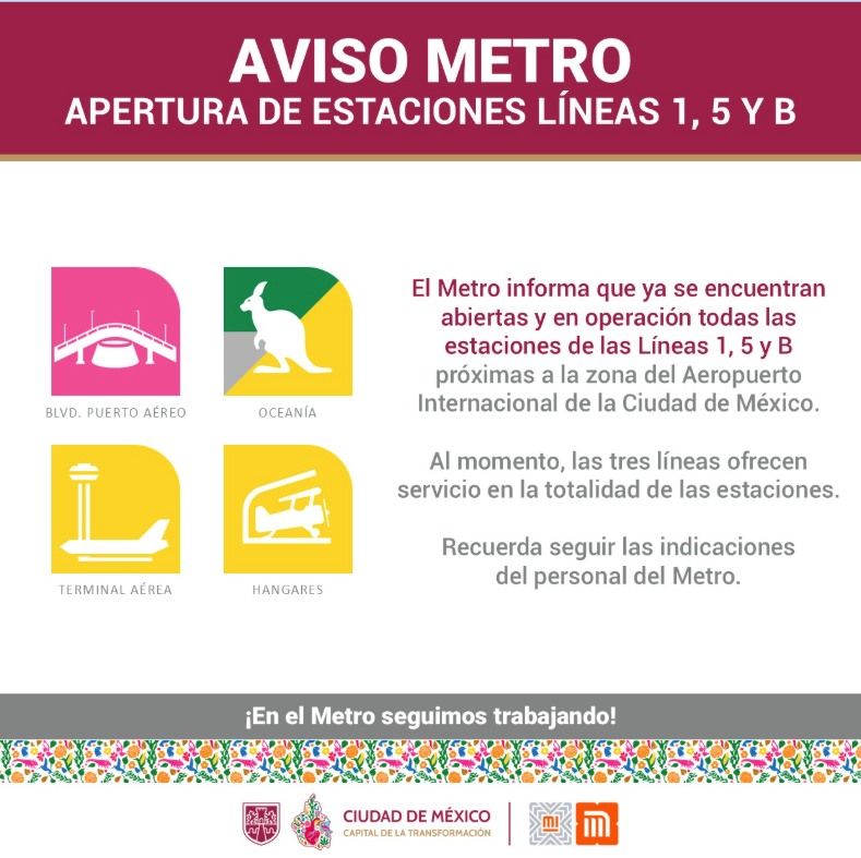 Abiertas escaciones del Metro cerca del AICM