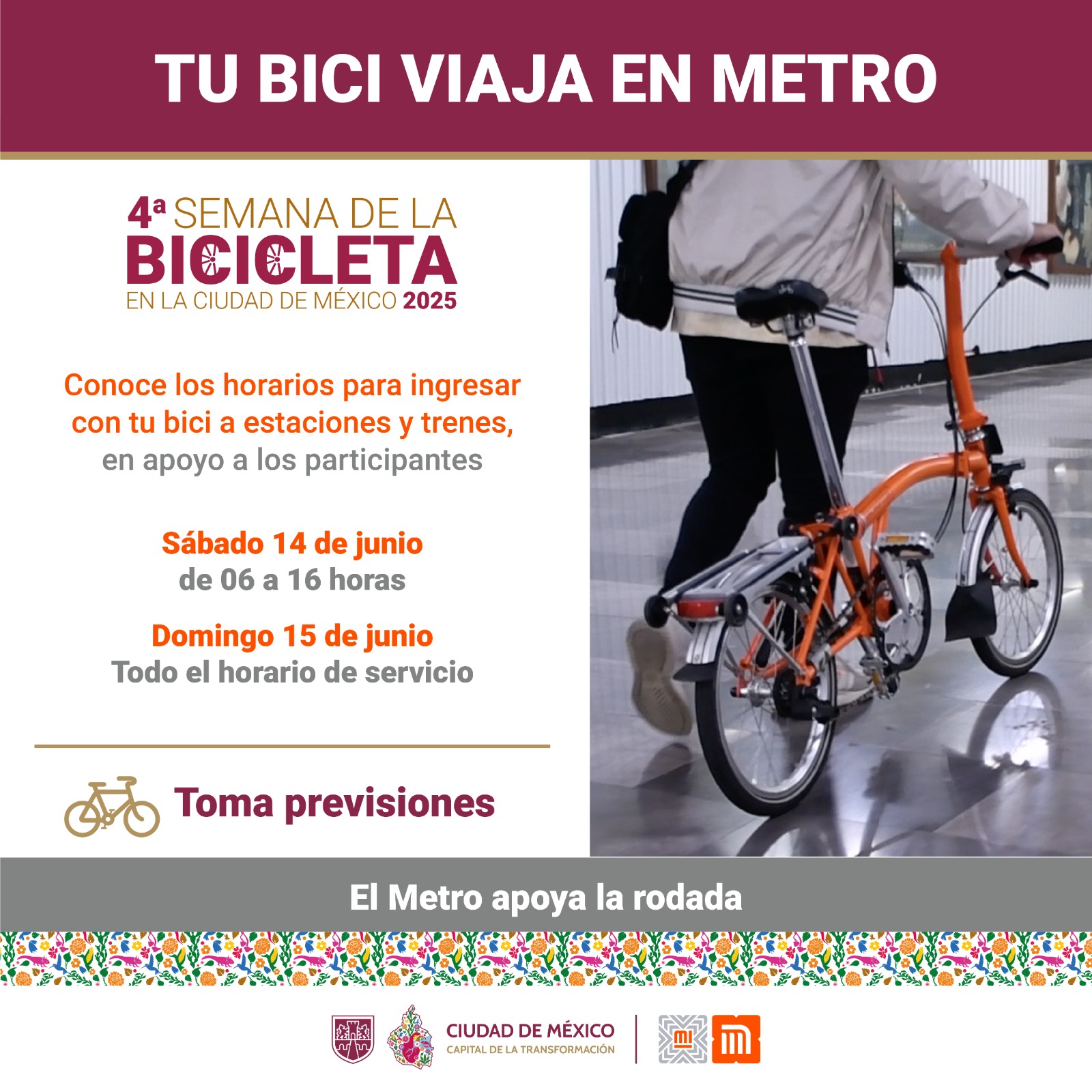 Este sábado 14 de junio puedes llevar tu bicicleta en el Metro