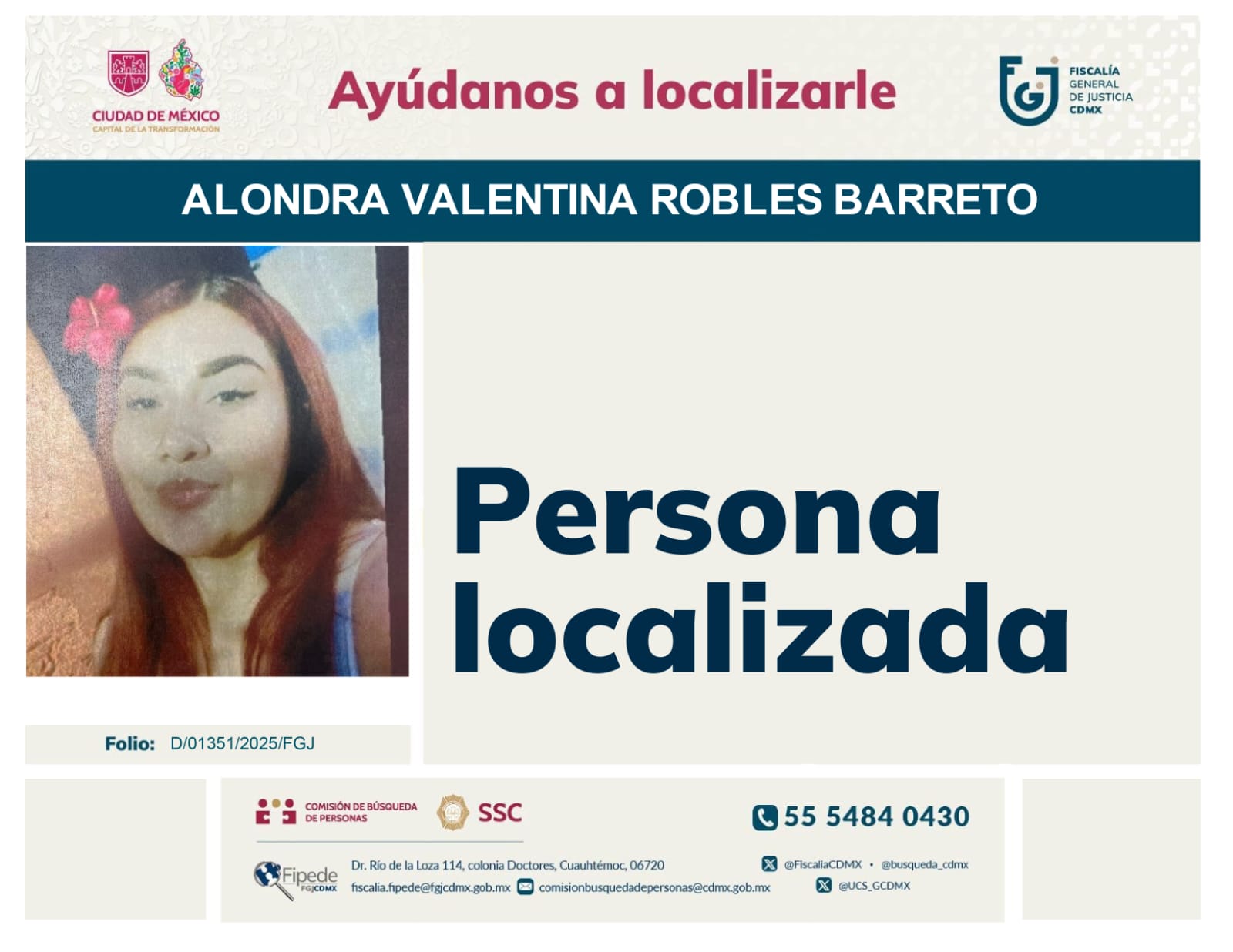 Fiscalía CDMX informa sobre localización con vida de joven reportada como desaparecida en la alcaldía Tlalpan