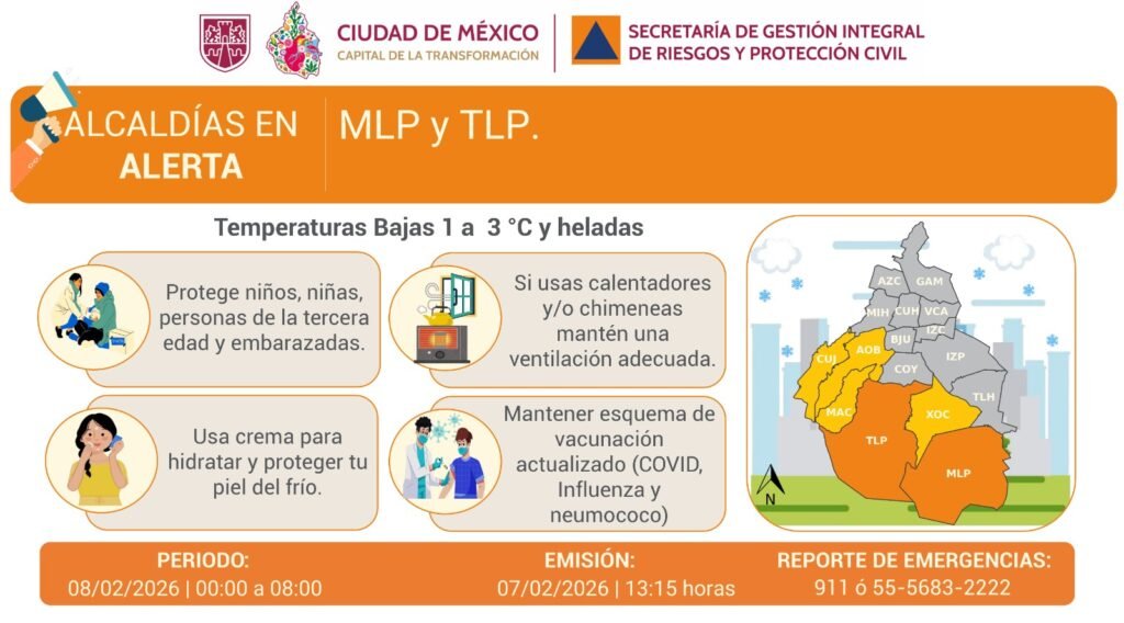 Se activa Alerta Naranja por pronóstico de temperaturas bajas para la madrugada y mañana del domingo 08/02/2026 en las demarcaciones: Milpa Alta y Tlalpan.
