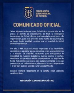 Carta publicada por la Federación Ecuatoriana de Fútbol